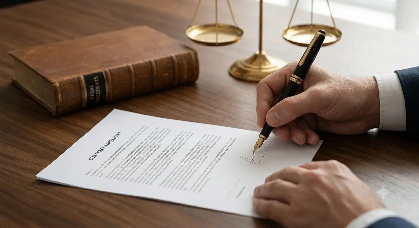 Firma de contrato con balanza de la justicia